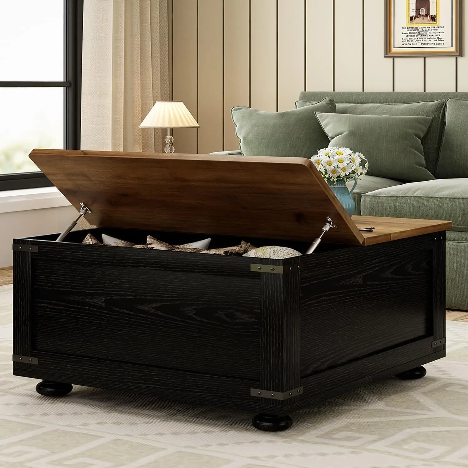 

Farmhouse Black Square Lift Top Coffee Table - Storage Coffee Table with Wood Gourd Feet & Hydraulic Gas Rod, for Living Room