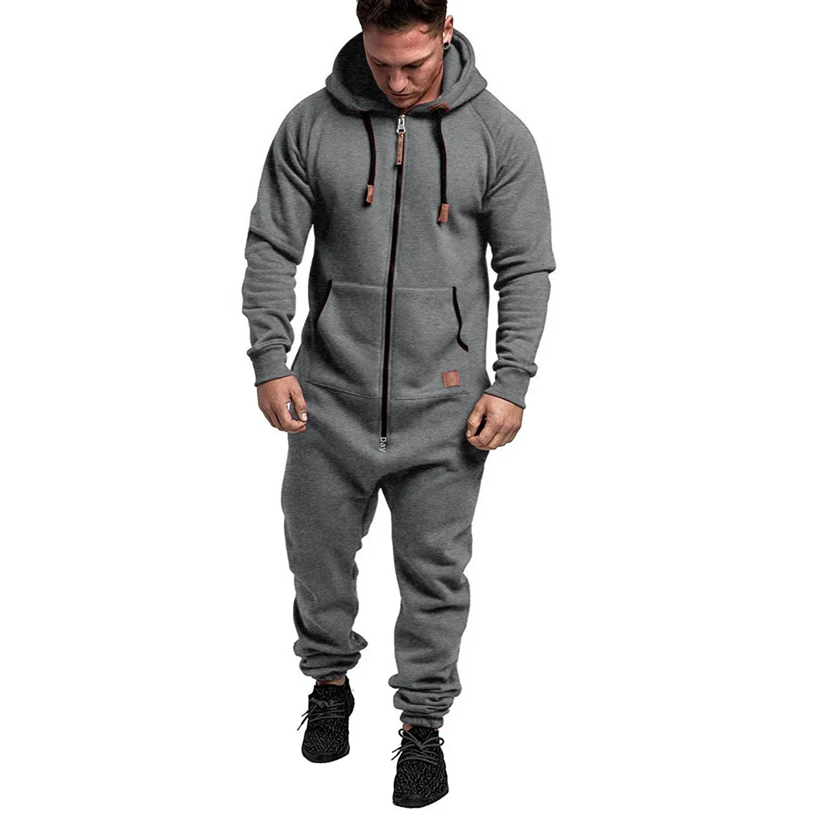 New Fashionable Men's Hooded Plush Jumpsuit Casual Solid Color Outerwear Pullover Sweatsuit Fashionable Foreign Trade Goods