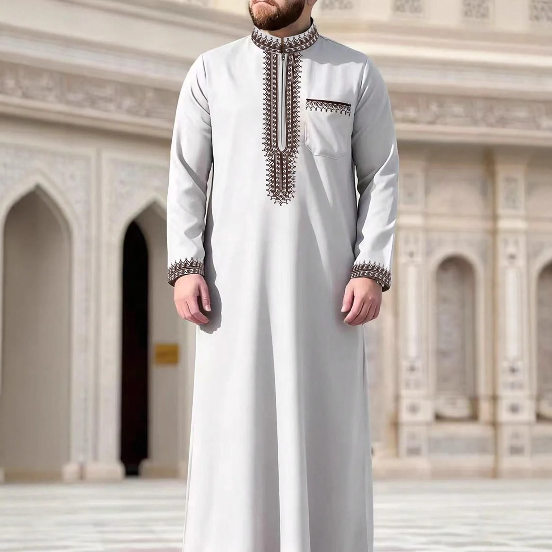 

New Men's Stand Collar Embroidered Robe Islamic Casual Zipper Style Pockets Available For Bulk Orders