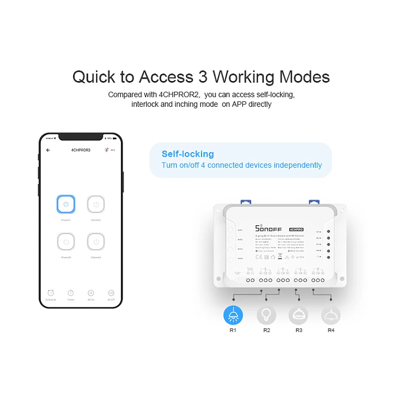 SONOFF 4CHR3 4CHPROR3 4-gang WiFi Smart Switch With Interlock Mode Works With Electric Blinds Fan Alexa Google SmartThings Alice