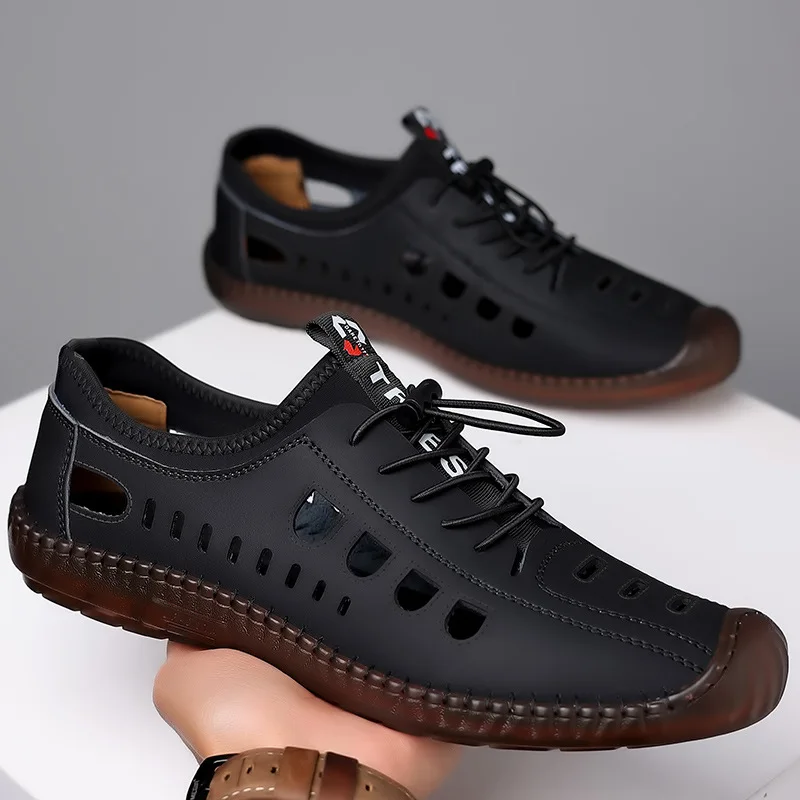 XIHAHA Summer Mens Sandals Handstitched Soft Leather Hollow-Out Man Breathable Casual Shoes Male Lightweight Soft Sole Footwear
