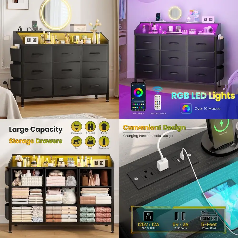 Cômoda de tecido pu preto com 9 gavetas para armazenamento de quarto, sala de estar e corredor