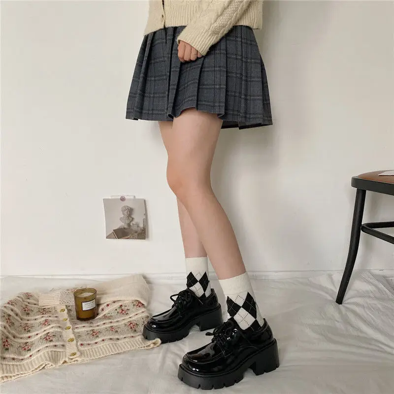 

Preppy College Women's JK Loafers Fleece Lined Chunky Heel Thick Sole Height Increasing Small Leather Shoes Size 35 43 Big Size