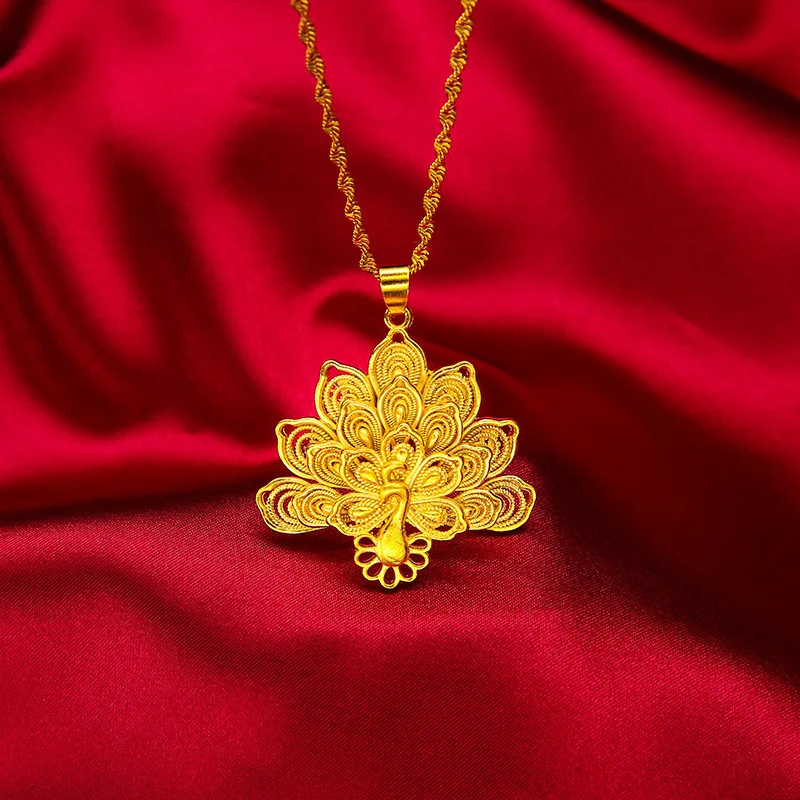 Luxury 24K 9999 Pure Gold real gold Peacock Open Screen Hollow Pendant Ethnic Style Clavicle Chain Women Necklace