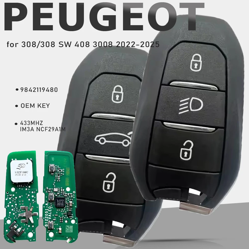 Keyecu original 9842119480 nova cabeça de leão chave inteligente fob im3a ncf29a1m 433mhz para peugeot 308/308 sw 408 3008 para opel 2022 - 2025