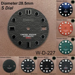 Luminous Watch Dial com logotipo S, verde forte, movimento japonês, acessórios de modificação, adequado para NH35, NH36, 4R, 7S, 28.5mm