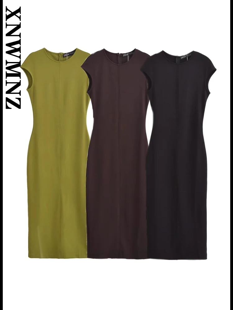 

XNWMNZ 2025 Summer Woman Party Sleeveless Midi Skirt Dresses Streetwear Woman's Solid Color Top Ruffles Regular Fit zipper Dress