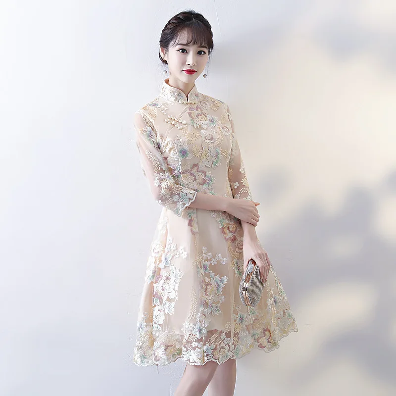Vintage Chinese Style Wedding Dress Retro Toast Clothing Mini Gown Marriage Cheongsam Qipao Party Evening Dress Vestidos Clothes