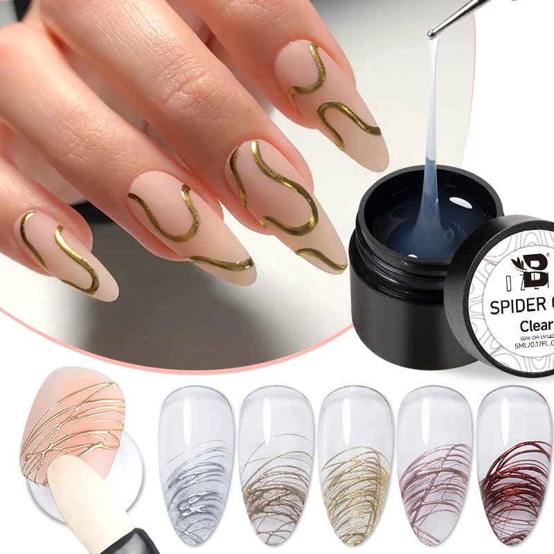 BOZLIN No Wipe Clear Spider Nail Gel Semi-solid No Sticky Layer Drawing Liner 5ml Painting Gel Magic Powder Manicure Tools