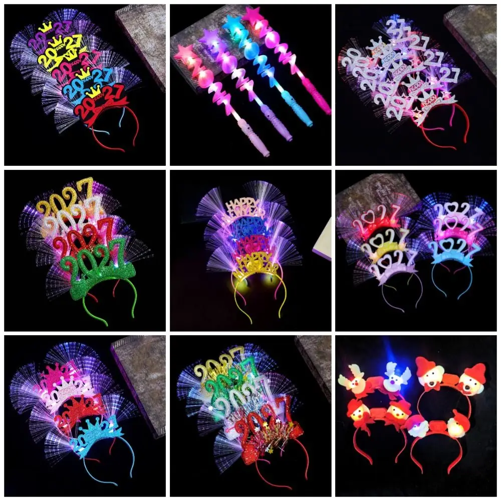 Sweet 2027 New Year Headband Glitter Star Strip LED Glow Hair Bands Optic Fiber Light Up Comfortable Luminous Headpiece