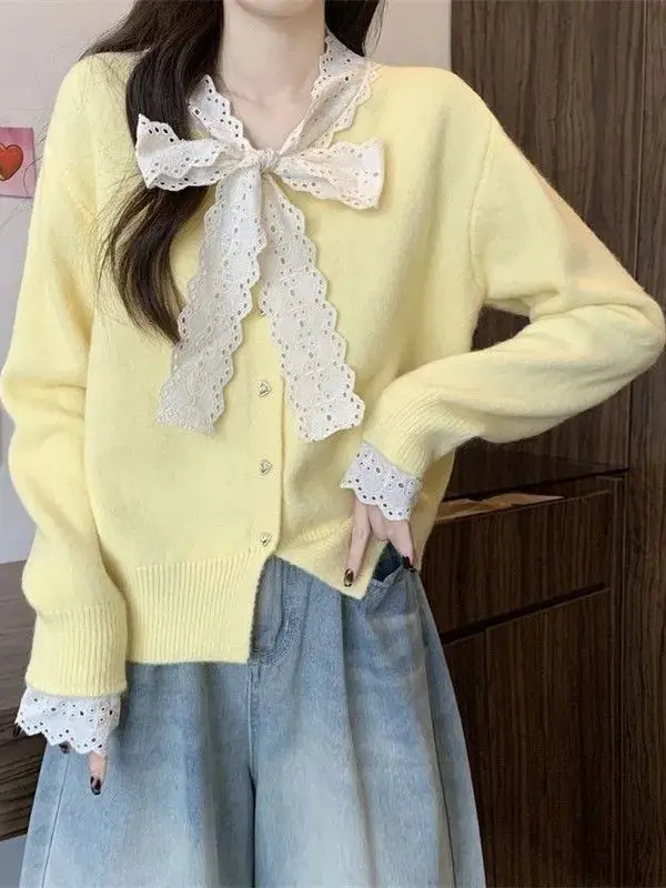 

Вязаный свитер с кружевной отделкой, пальто, женское осенне-зимнее длинное пальто с узлом све, уникальный трикотаж Аосфера, повседневный топ