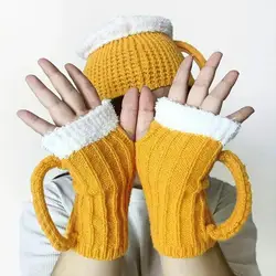 Knitted Winter Gloves Socks Funny 3D Beer Mug Knitted Glove Winter Must Have Crochet Beer Mug Cap For Women Men Girls For Dating