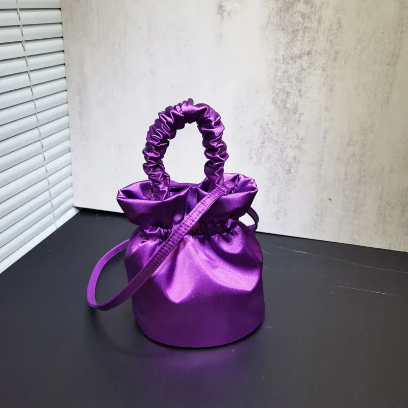 

Ladies Wrinkled Bucket Bag Fashion Retro Satin Rose red Purple Black Small Shoulder Bag Crossbody For Women Party Small Clutches