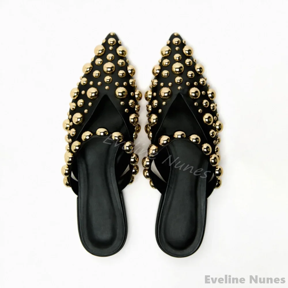 Metal Bubble Rivets Casual Slippers Women Pointed Toe Hollow One Word Belt Flat Sandals 2025 Fashion Design Mules Bead Slippers