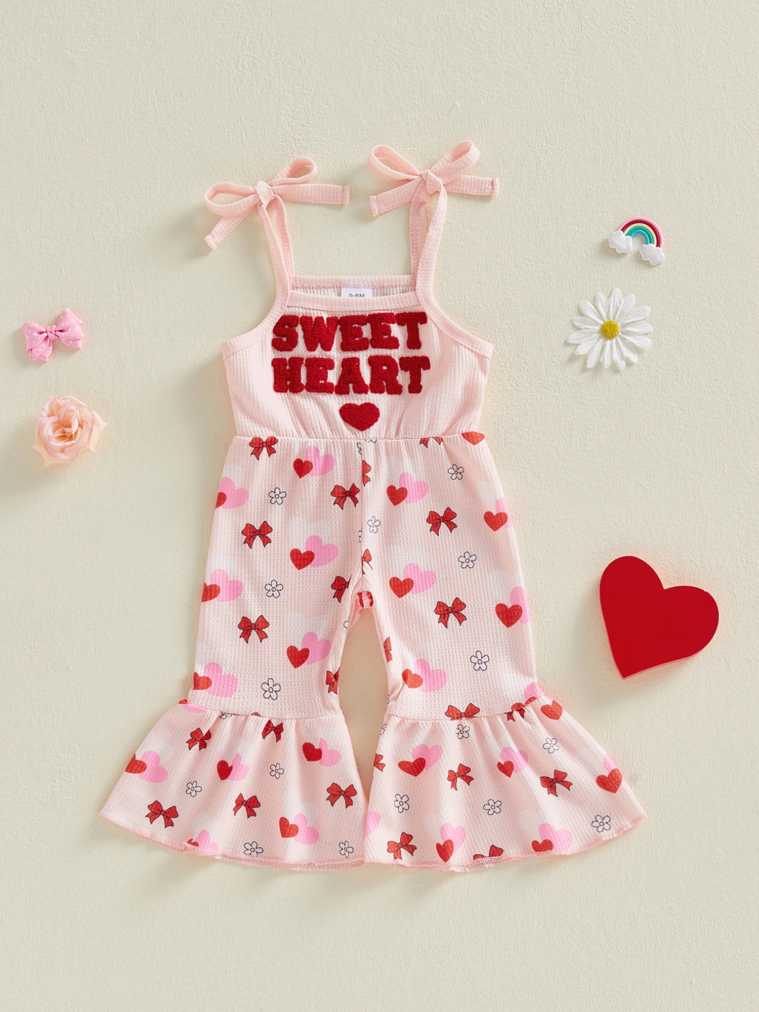

Adorable Infant Girl Romper with Sweet Heart Embroidery and Bow Detail Sleeveless Flared Overalls for Stylish Baby Girl