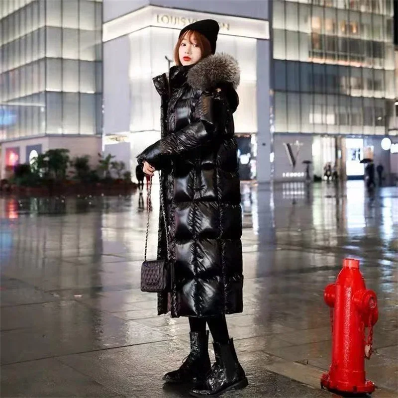 2024 Women Black Glossy X-Long Down Quilted Cotton Padded Jacket Winter Parka Fox Fur Collar Hooded Coat Thick Warm Lady