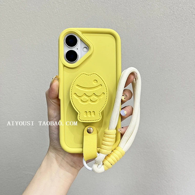 Yellow leather small fish holder for apple 15promax phone case i14/13pro handheld rope 16promax fallproof 11/12pro niche xr - view 4