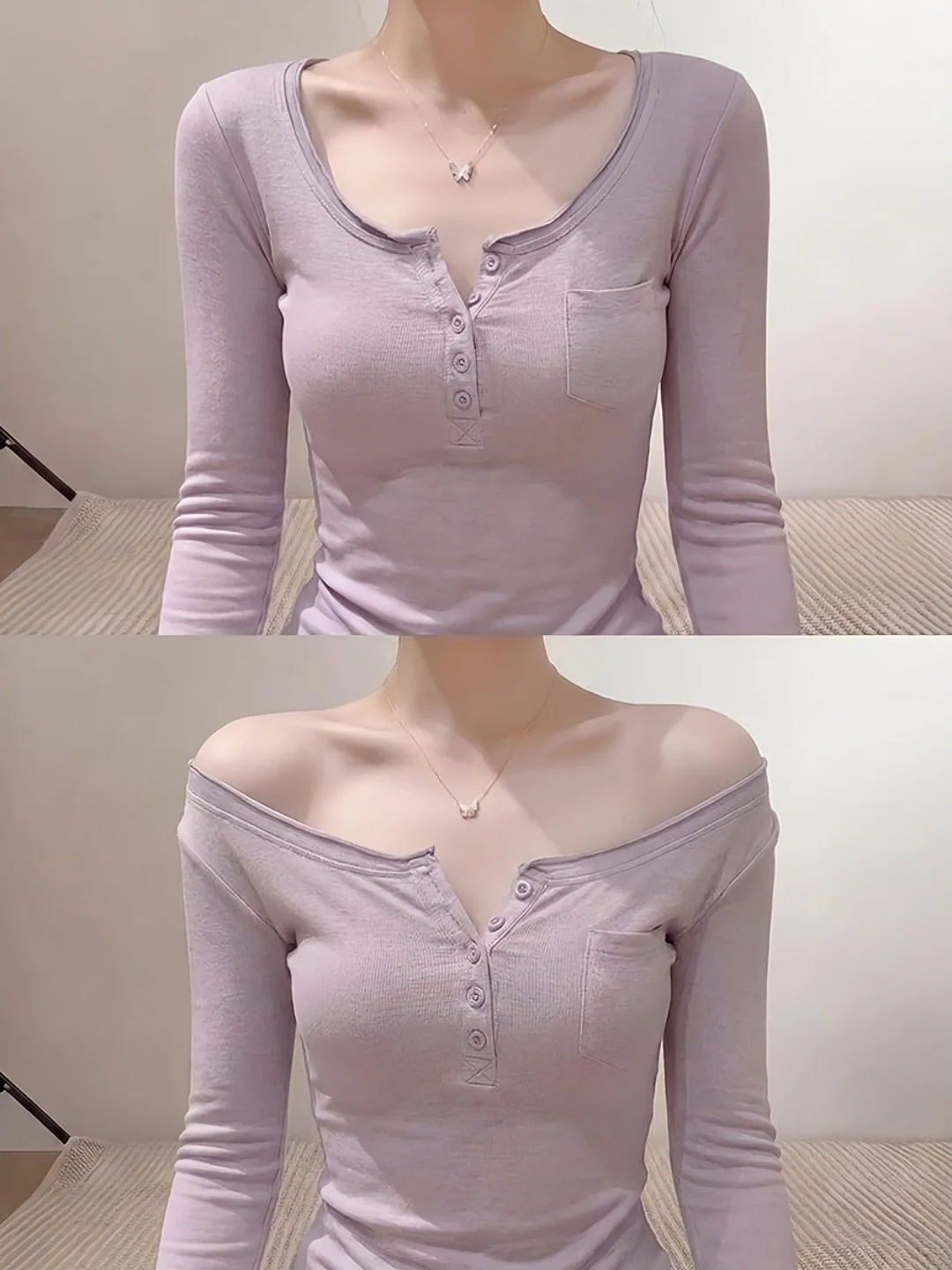 Slim Fit Henry Collar Roll up Sleeve Long T-Shirt Women's Inner Wear Grey Purple U Neck Pocket Base Shirt Casual Style Top