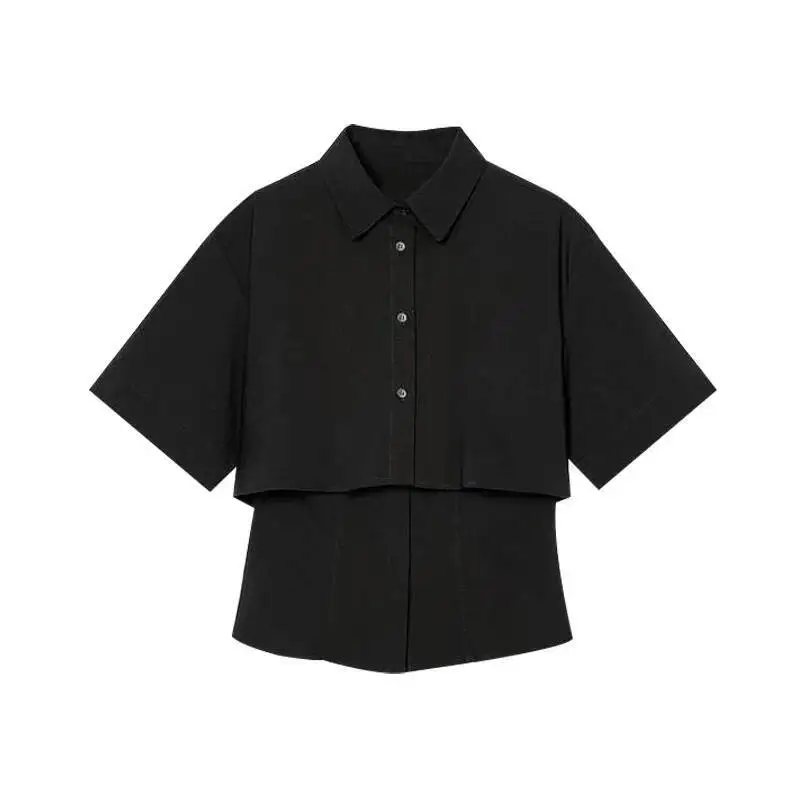 

Шикарная черная рубашка в стиле пэчворк, женская повседневная однобортная блузка с лацканами и короткими рукавами, весна-лето 2024, новые подходящие женские топы