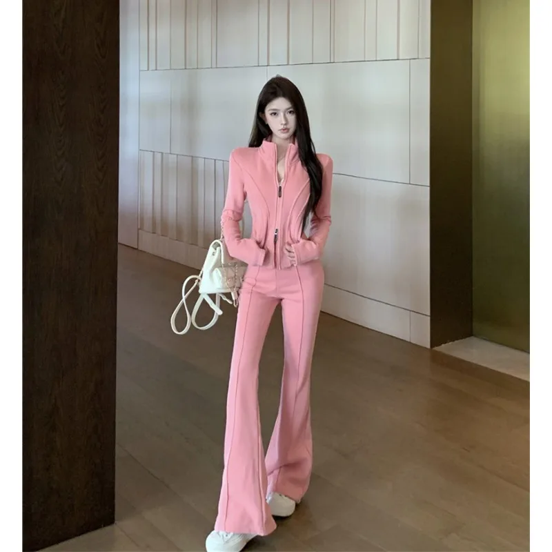 

Осень/зима 2022, новый спортивный комплект в Корейском стиле, короткое пальто с капюшоном на молнии и длинными рукавами + повседневные расклешенные брюки с высокой талией