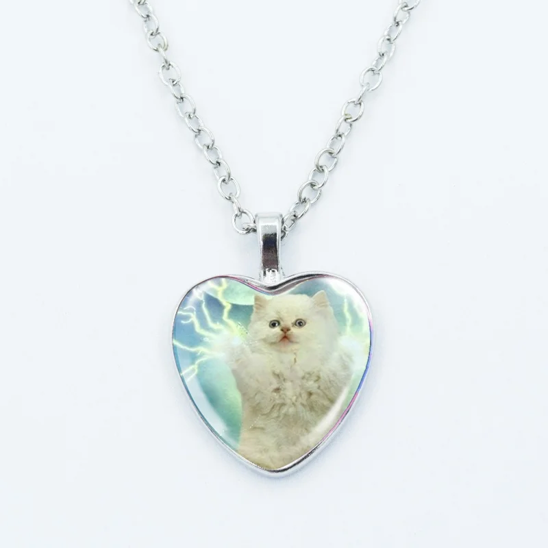 Kreative lustige Katzen-Memes-Herz-Anhänger-Halskette, Tierform, Kunstfoto, Glas-Cabochon-Schmuck, für Kinder und Frauen – Detail 7