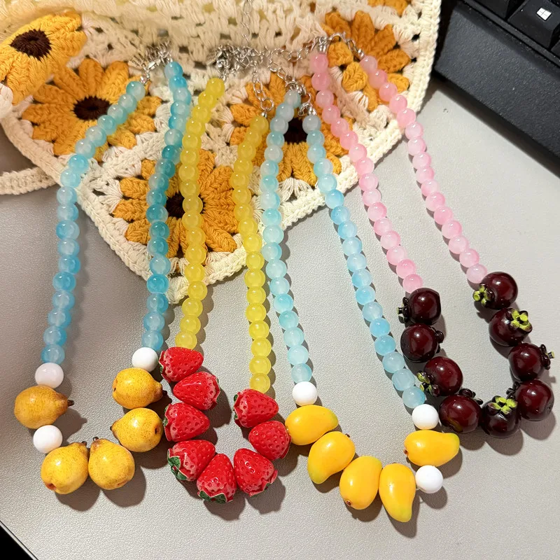 Collier de perles 3D en verre étincelant, simulation fruits fraise et citron, bijou fantaisie mignon et original, cadeau