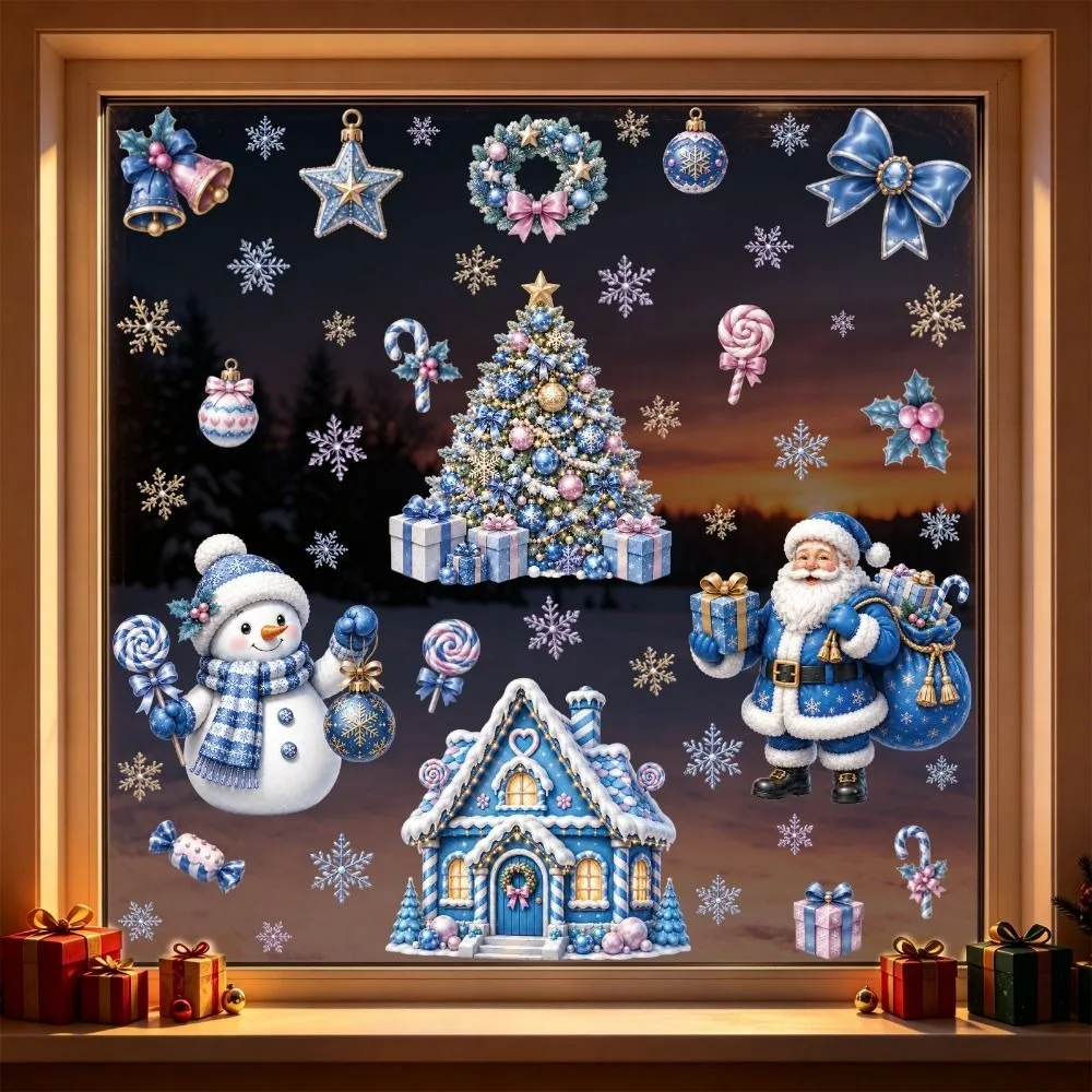 Electrostatic Merry Christmas Window Stickers Multicolor Window Cling Christmas Electrostatic Stickers Cartoon Santa No Residue