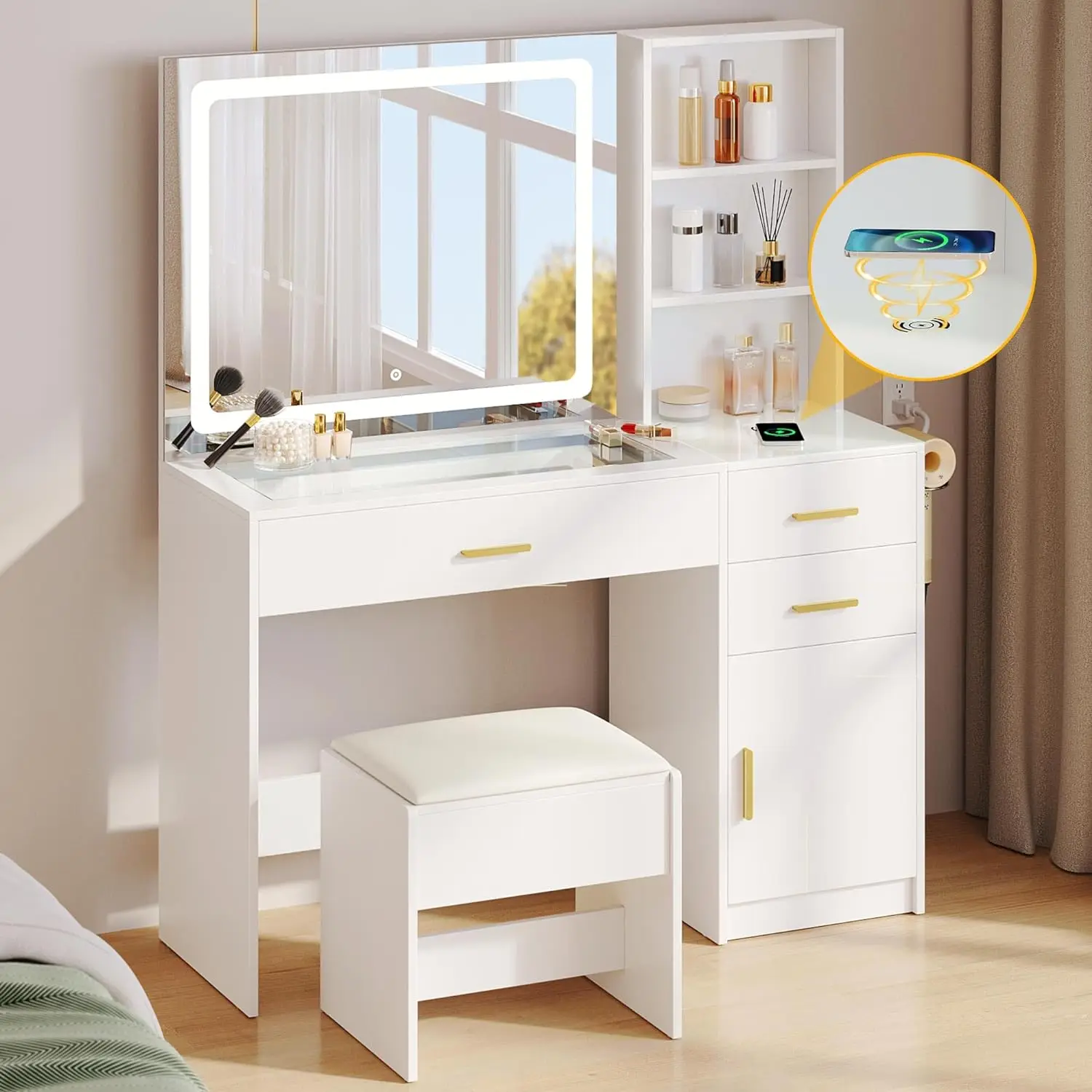 Vanity Desk Set with Wireless Charging Station & Power Outlet, 4 Drawers, 3 Open Shelves, 3 Light Color, 45.5