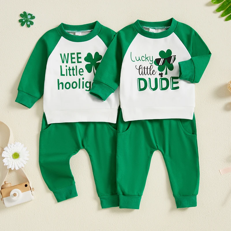

Lioraitiin Toddler Boy 2PCS St. Patrick's Day Outfit Sets Long Sleeve Letter Clover Print Tops Solid Color Drawstring Pants Sets