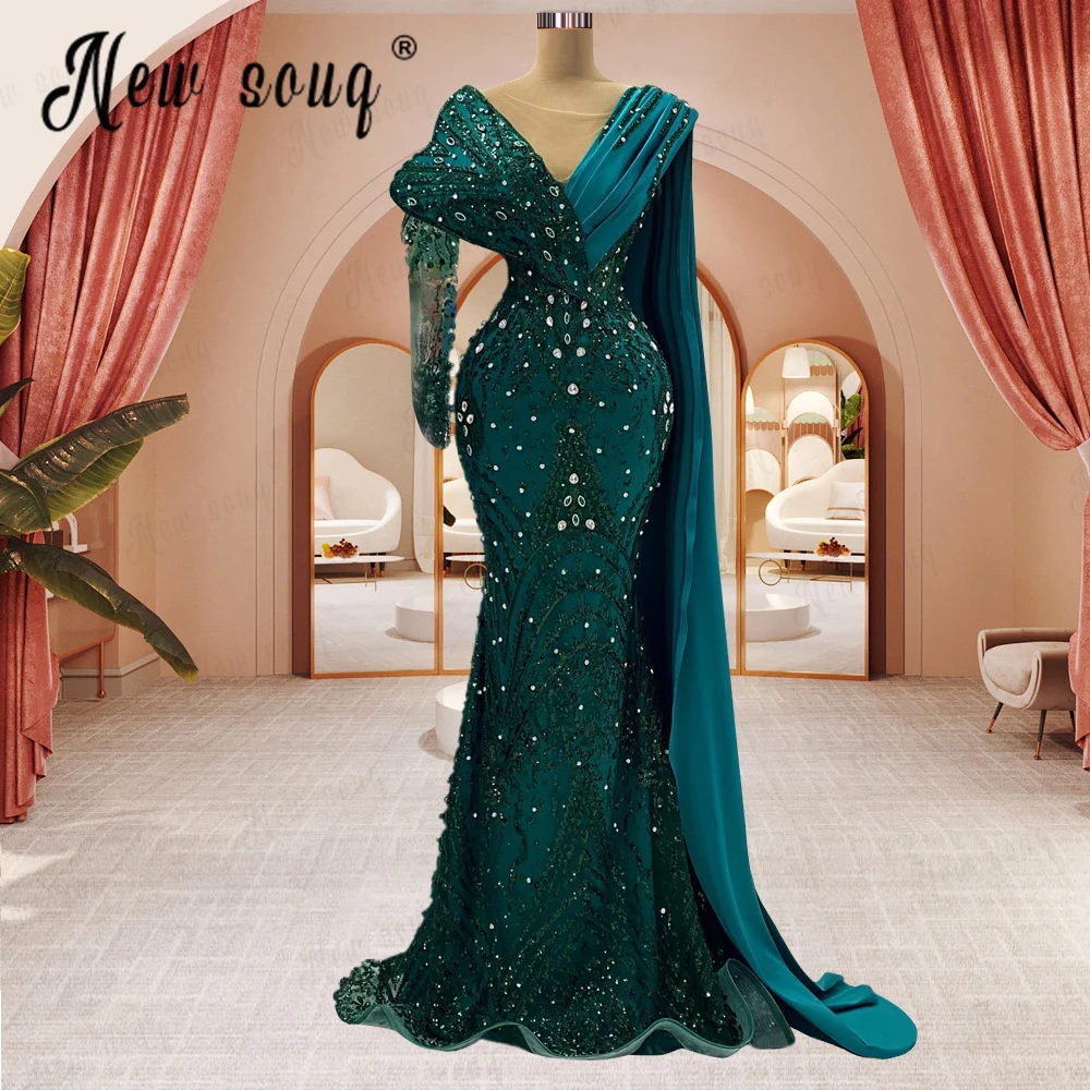 

Middle East Dark Green Wedding Party Dress with Long Cape Sleeve Elegant Plus Size Women Formal Prom Gowns Full Beading Robes