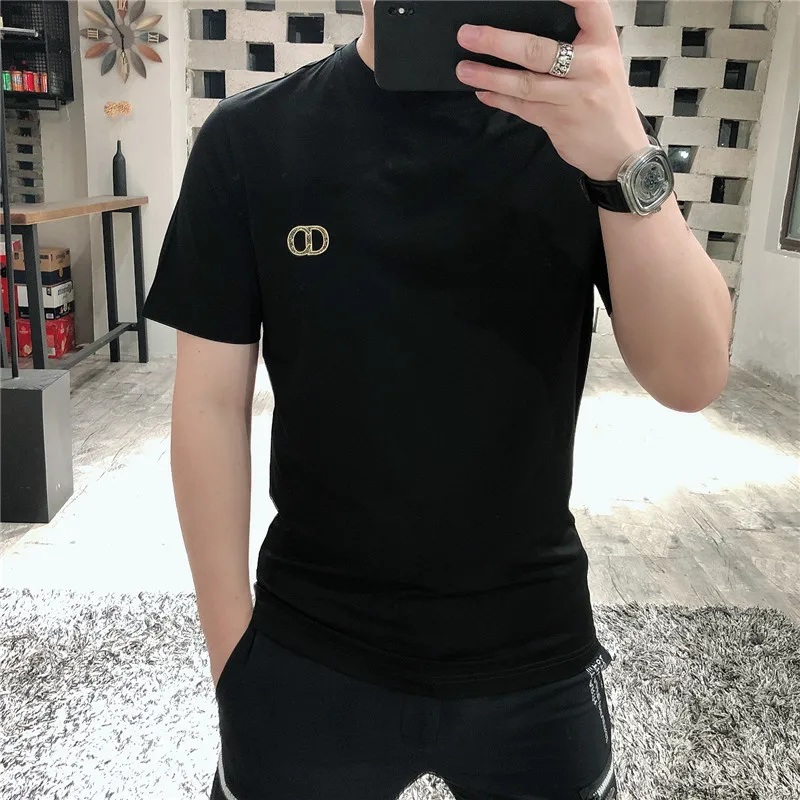 2024 estate nuovo marchio di moda da uomo T slim crystal diamond bronzed cotone mercerizzato versatile semplice T-shirt manica corta da uomo