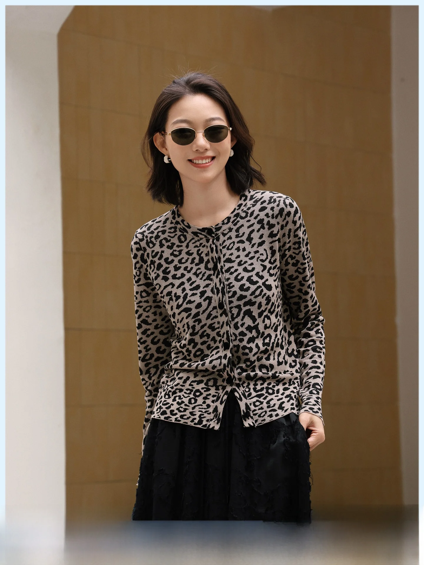 

Retro Leopard Print Knitted Open Cardigan round Neck Slim Fit Women's Summer New Style Casual Loose Long Sleeve Top