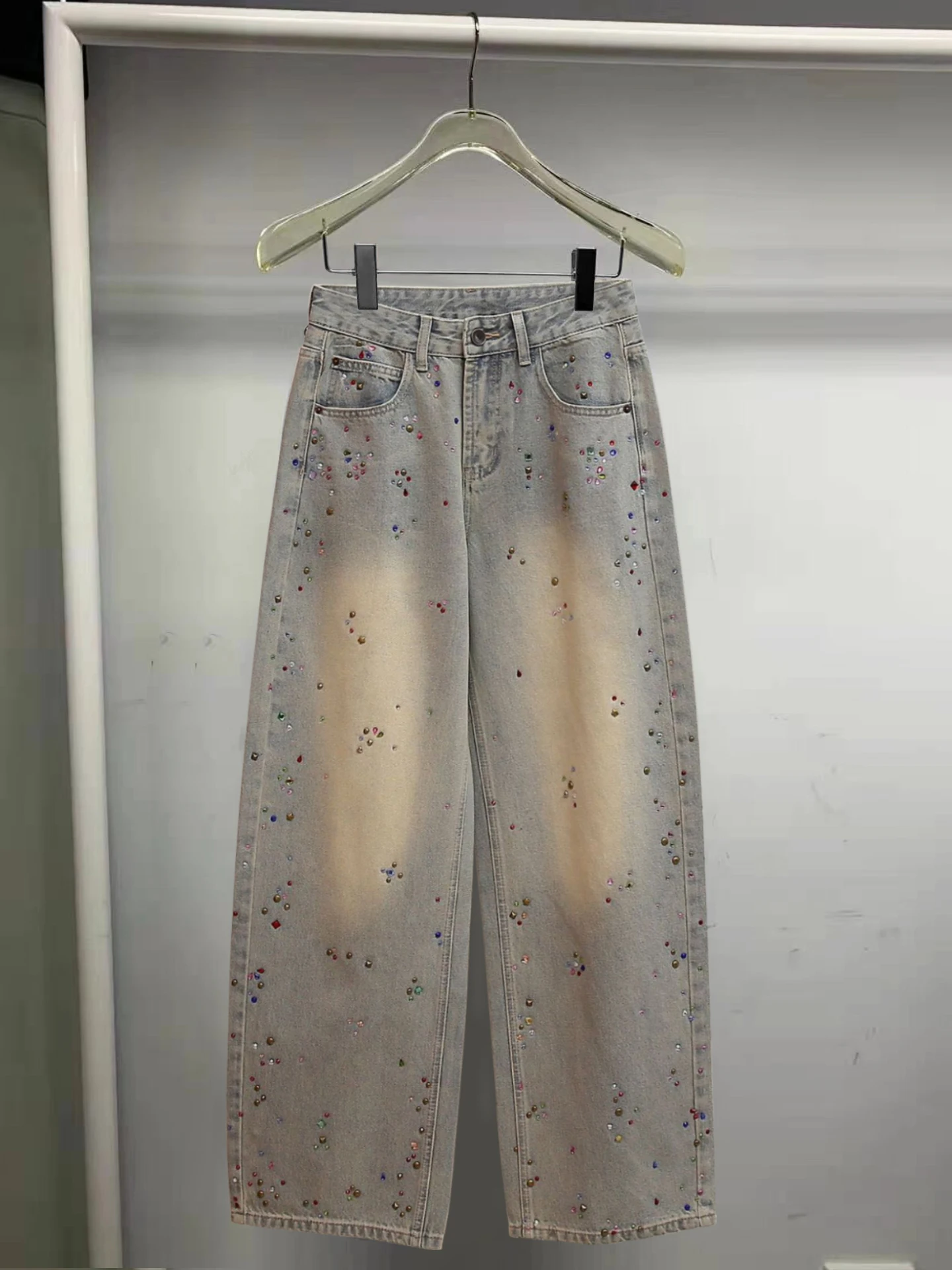 

Fashionable Straight Leg Jeans High Waist Cotton Blend Spring Summer New Design Rhinestone Washed out Vintage Wide Leg Pants