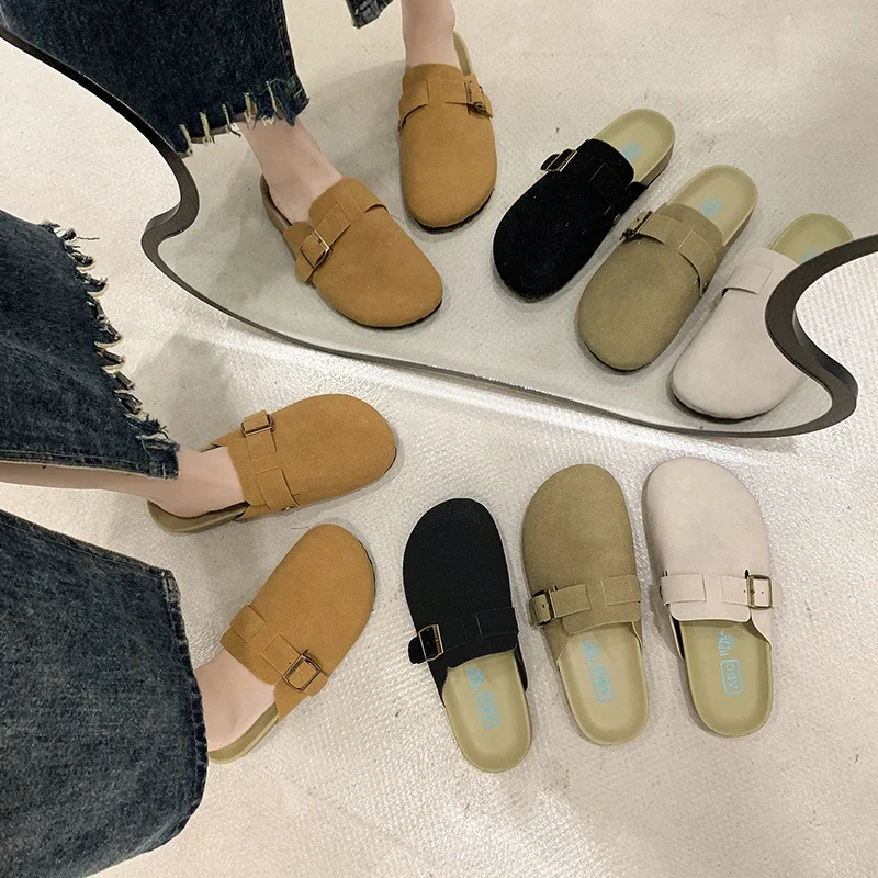 Women\'S Closed Toe Slippers Cow Suede Leather Clogs Woman Sandals Retro Fashion Garden Mule Clog Slide Casual Shoes Female