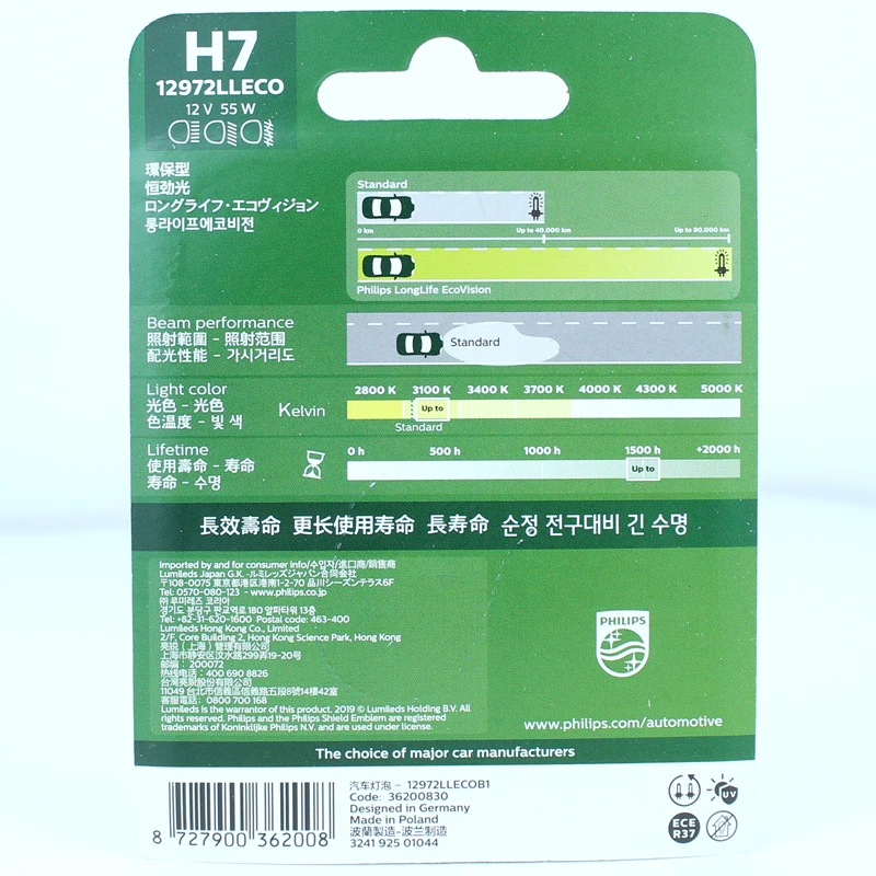 Philips-faro halógeno Original para coche, lámpara genuina ECE PX26d 1500 LLECO B1, 1X, H7, 12V, 55W, LongLife EcoVision, 12972 h