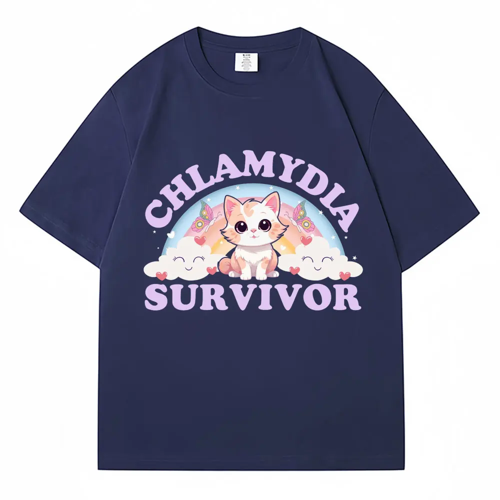 Chlamydia Survivor Funny Cat Meme T Shirt Fashion Aesthetic Cartoon T Shirts Men Women Casual 100% Cotton T-shirt Streetwear Y2K