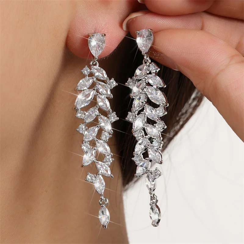 ZAKOL New Arrival Shiny CZ Bridal Earrings for Women Elegant Marquise Zirconia Long Drop Earring Wedding Jewelry