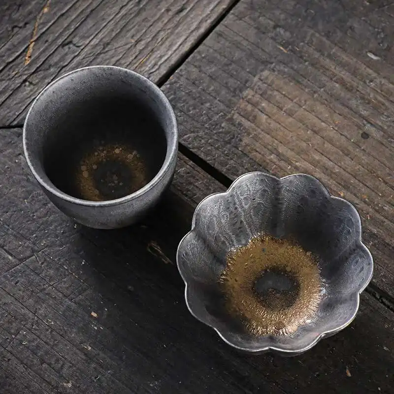 فنجان شاي صغير من الفخار الخشن، كوب رئيسي، طقم شاي كونغ فو منزلي فردي على الطراز الياباني من الحديد المطلي بالصدأ والسيراميك المزجج، شاي