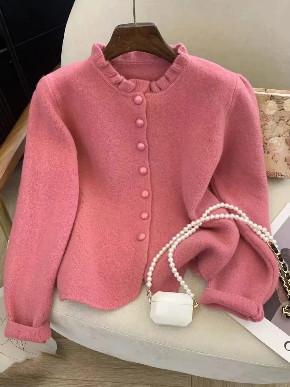 2024 Women Cute Sweater New Small Elegant Solid Fragrant Wind Coat Wooden Sweater Coat Autumn Winter Outwear