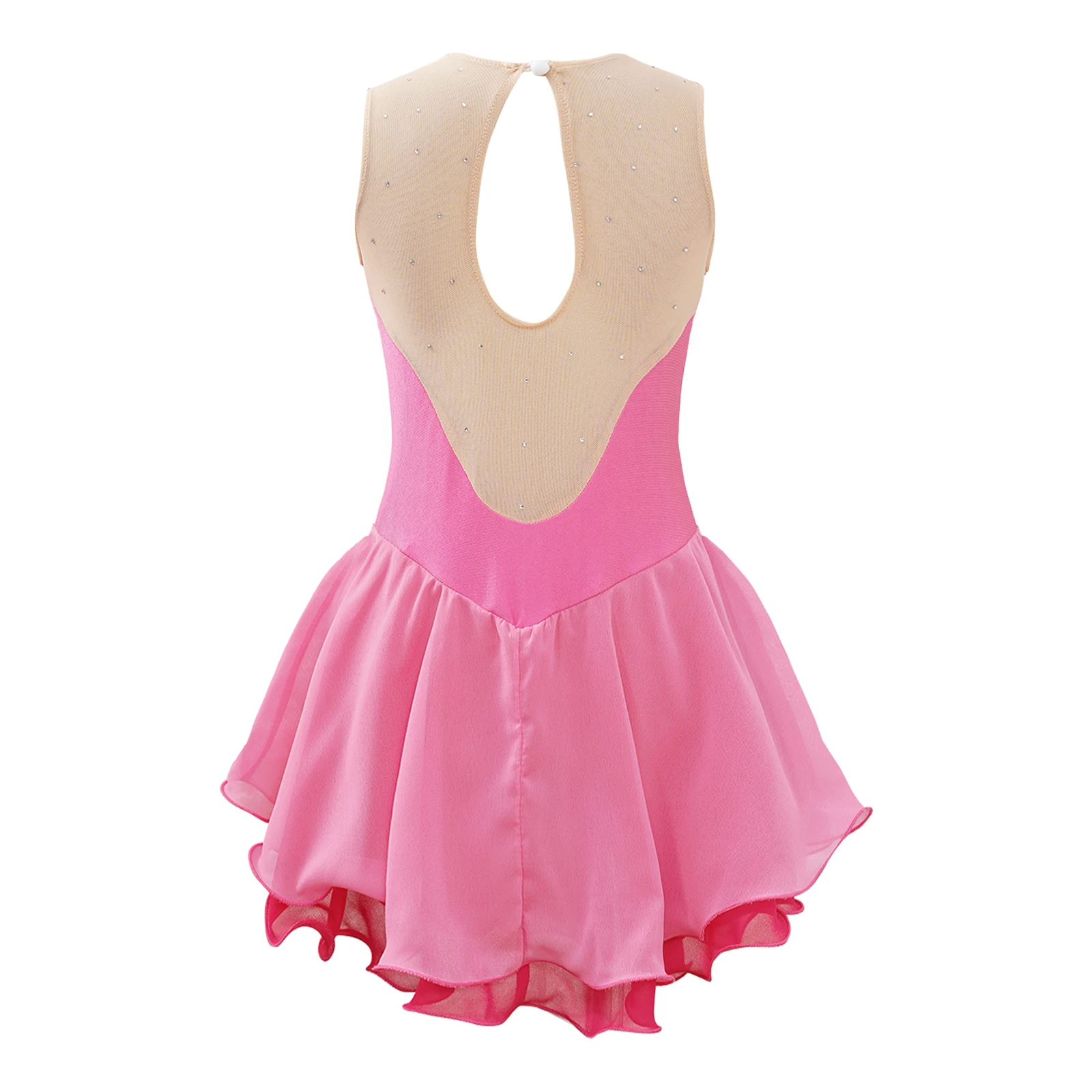 Kids Girls Ruffle Figure Ice Skating Dance Dress Gymnatics Ballet Lyrical Leotards Dress Round Collar Shiny Rhinestone Dresses