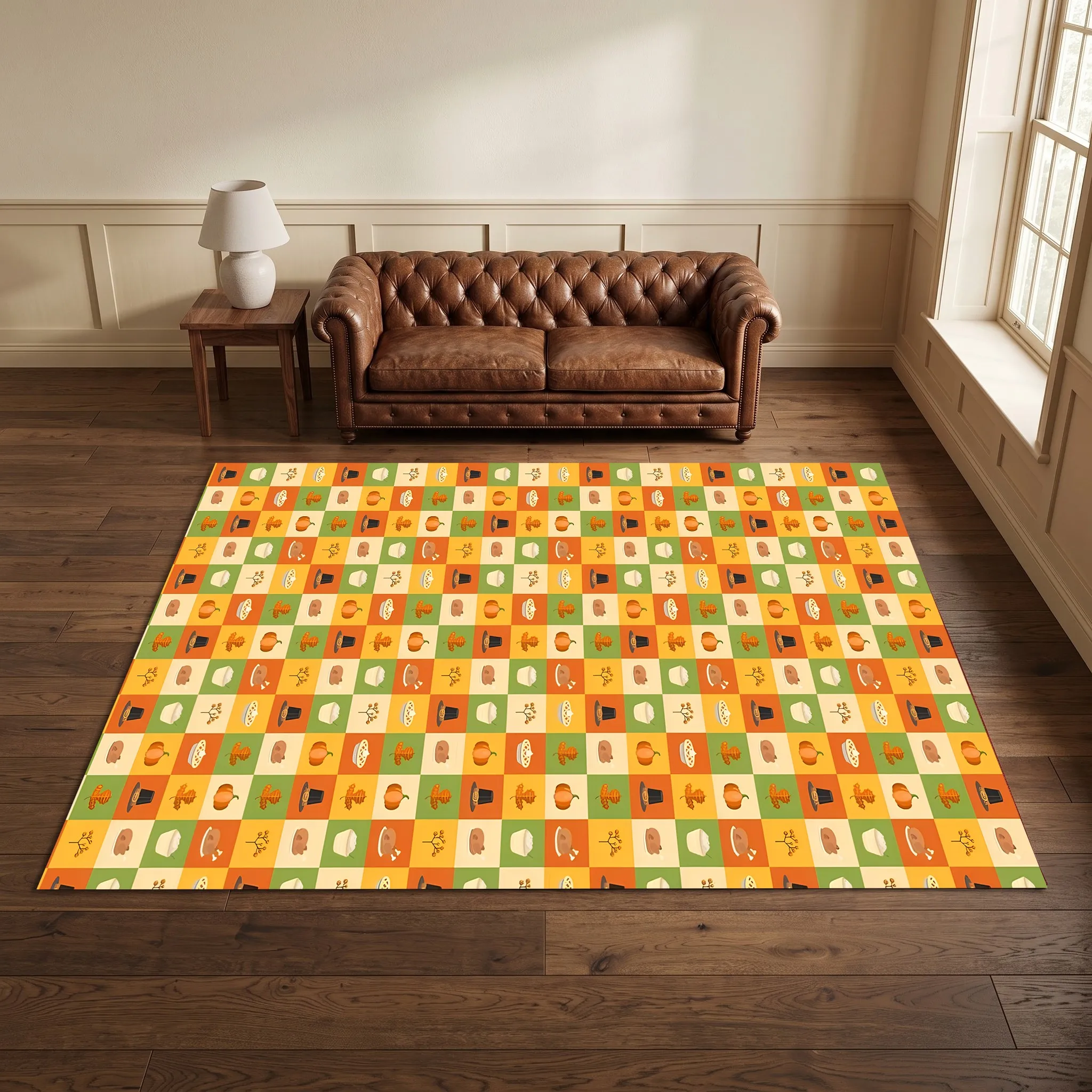 Warm Orange, Yellow and Green Plaid Pumpkin Maple Leaf American Thanksgiving Velvet Rug for Living Room, Bedroom and Bedside