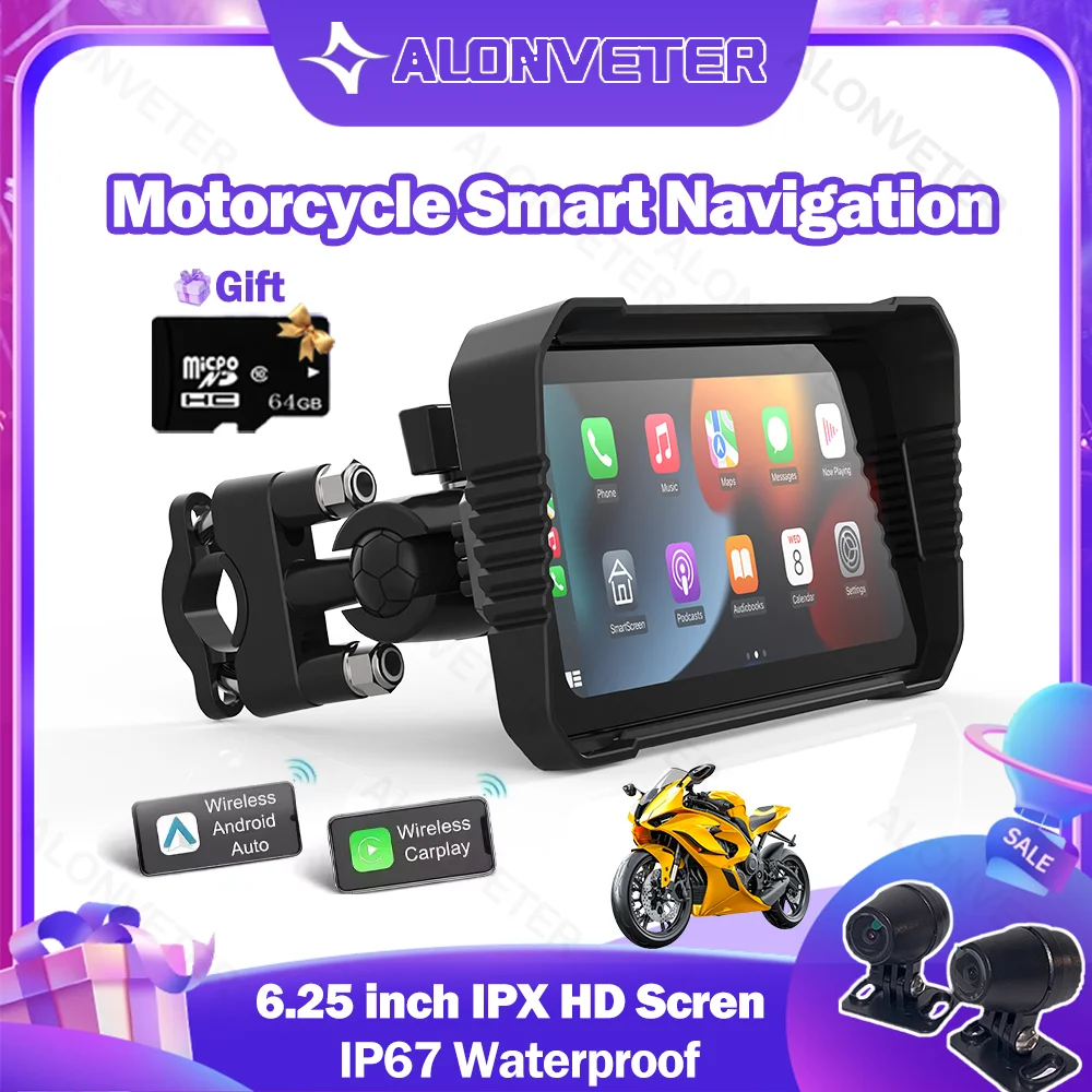 

ALONVETER Portable 6.25''Motorcycle CarPlay GPS Navigation IP67 Waterproof DVR Carplay Screen Moto Dual Cameras Drive Recorder