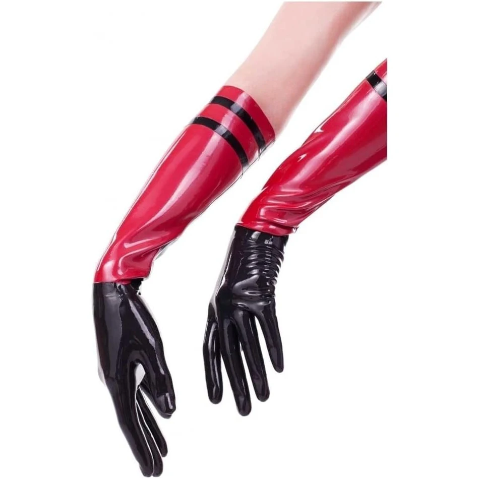 Black And Red Trims Sexy Short Latex Gloves With Stripes Elbow Length Long Rubber Mittens ST-0134