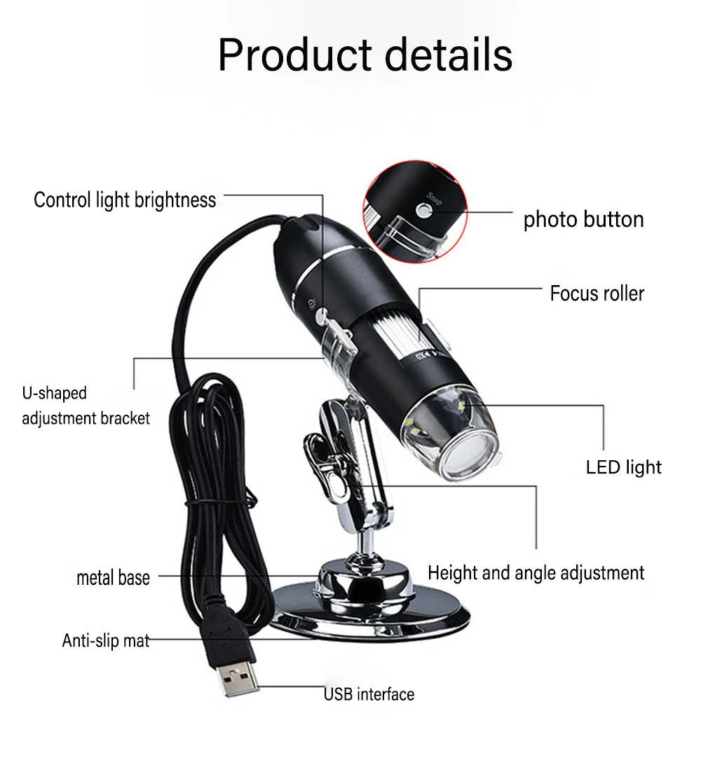 1600X Digitales Mikroskop mit Kamera, Typ C USB, tragbares elektronisches Mikroskop für Lötarbeiten, Vergrößerungsglas, Handy-Reparaturen – Detail 2