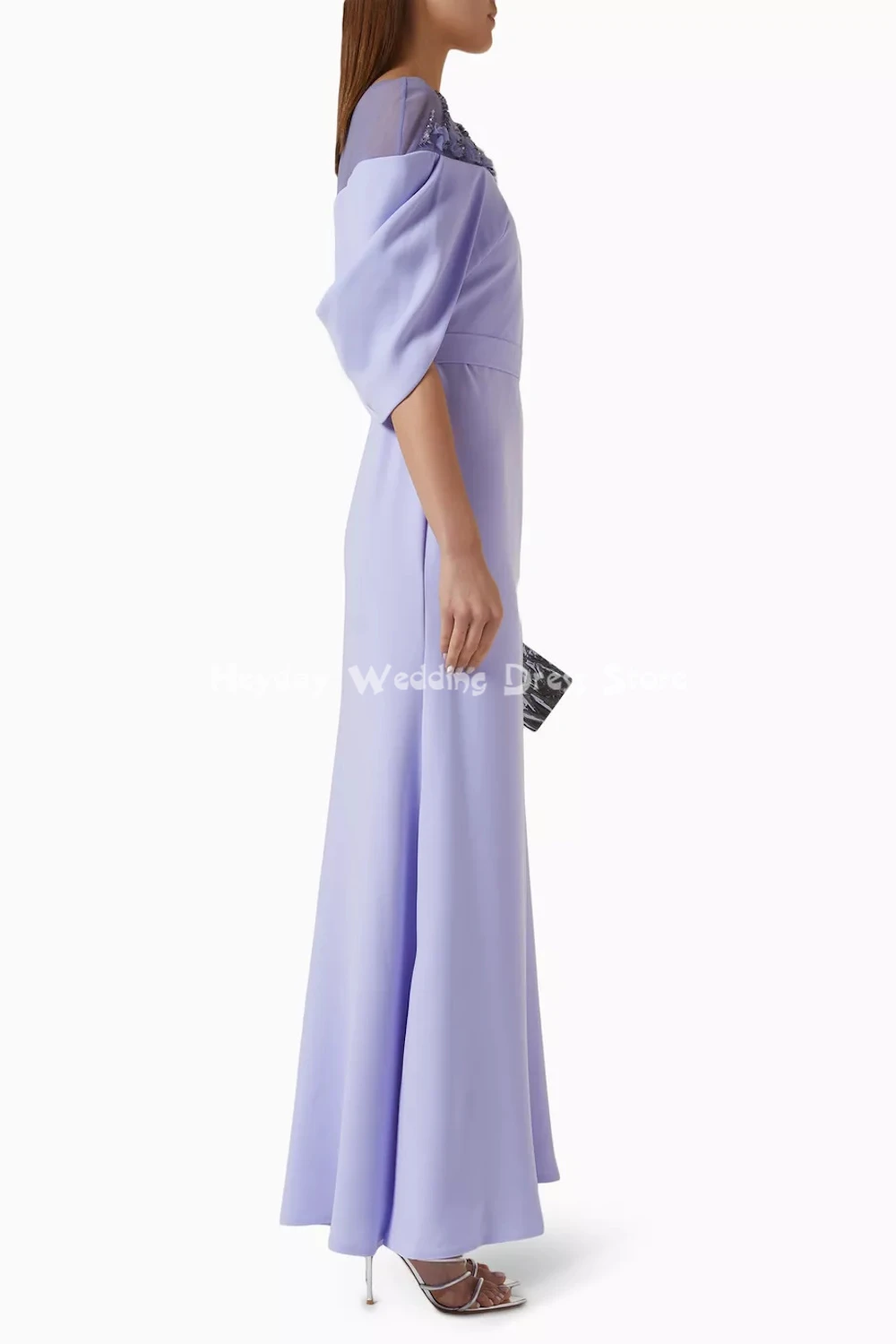 Heyday レディース ストレート O ネック ビーズ付き カスタマイズされたイブニングドレス ハーフスリーブ ドレープ付き 足首までの長さのエレガントなドレス 2025