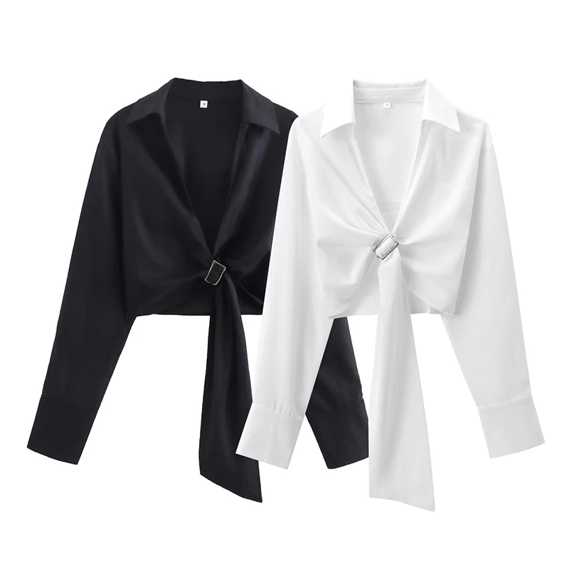 Short Linen Shirt Eelegant V-Neck Office Lady Tops Women Fashion Long Sleeves Shirt  Waist Sashes Design Simple Style Streetwear