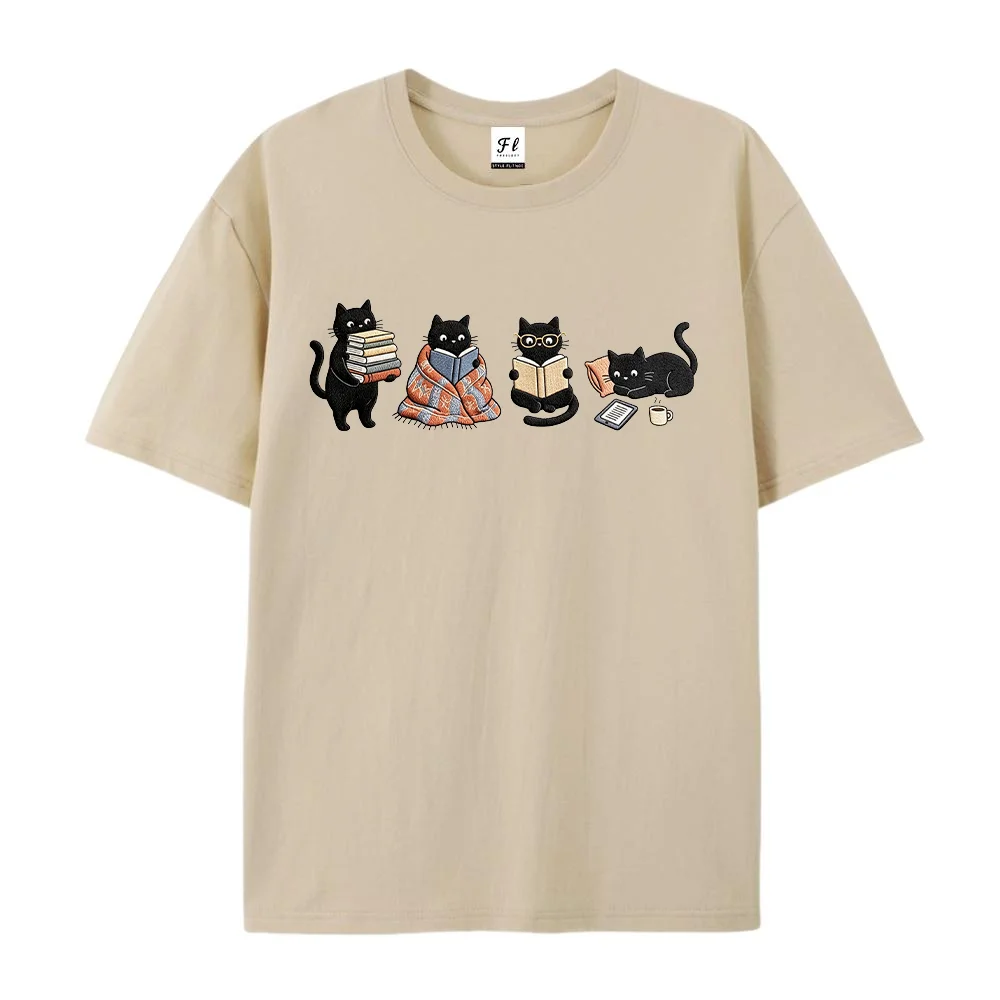 Women T Shirt Reading Black Cats Graphic Book Lover Print Summer Short Sleeve Casual Crewneck Harajuku Loose Top Clothes