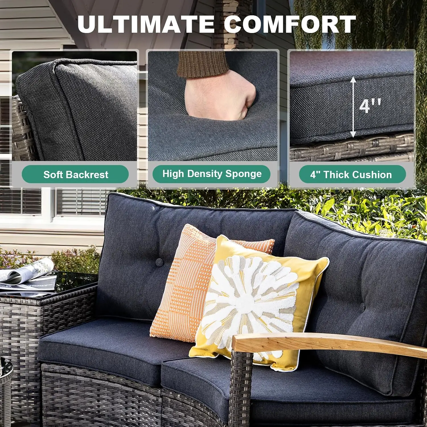 Half-Moon Curved Outdoor Patio Sectional Sofa Set with Ottomans & Tables for Backyard Deck Garden, Grey, Customized