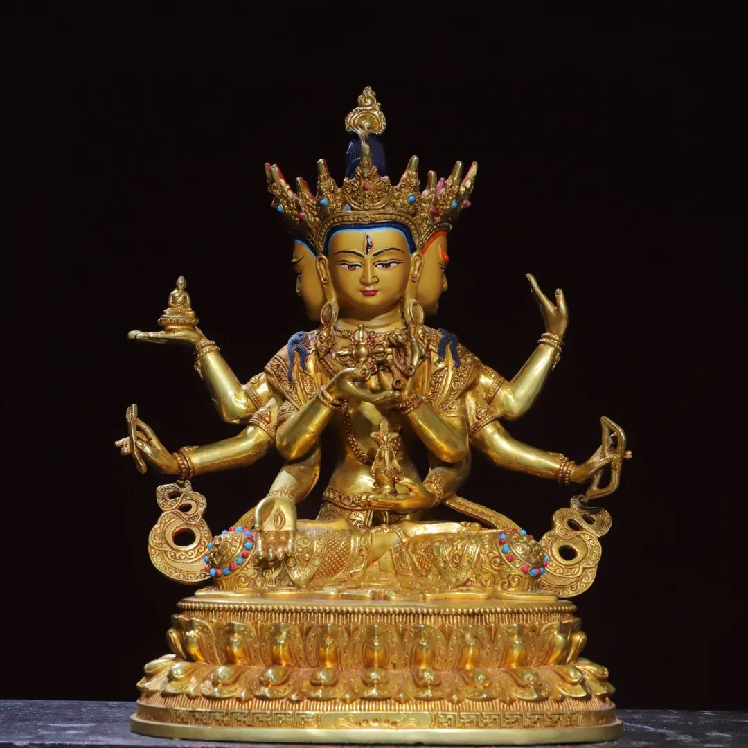 Tibetan brass gilt painted three sides and eight arms, Zunsheng Buddha, Tara Guanyin ornament, home Buddhist hall ornament 30 cm