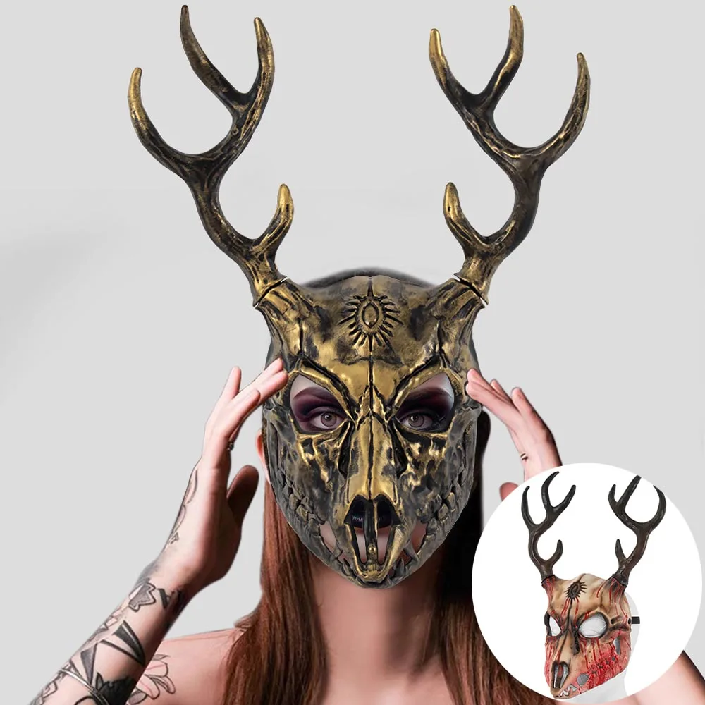 

Demon Wendigo Elk Mask Cosplay Gothic Headpiece Animal Antlers Horn Bone Masks Halloween Carnival Purim Party Costume Props